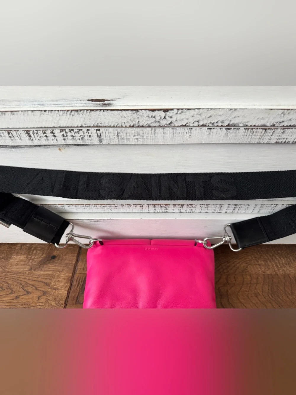 All Saints Ezra Quilted Crossbody Bag Purse Pink Black Logo‎